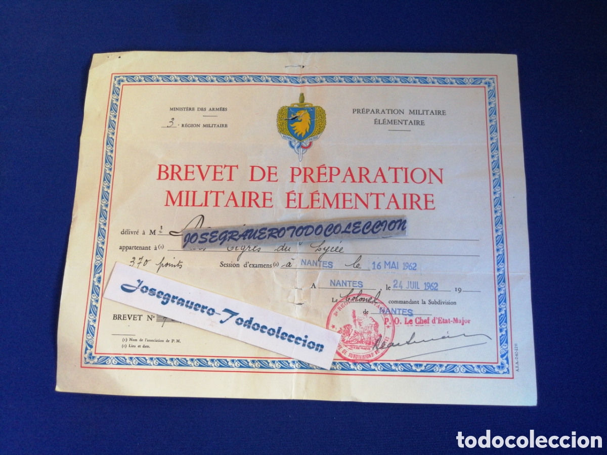 Documentos antiguos: Brevet de Pr&eacute;paration Militaire &Eacute;l&eacute;mentaire (Diploma de Preparaci&oacute;n Militar Elemental) Francia 1962