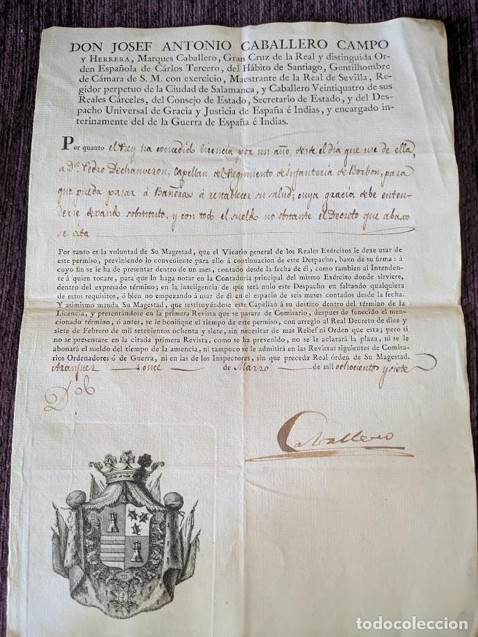 Documentos antiguos: Documento de permiso para su salud a D. Pedro Dechameron 1807