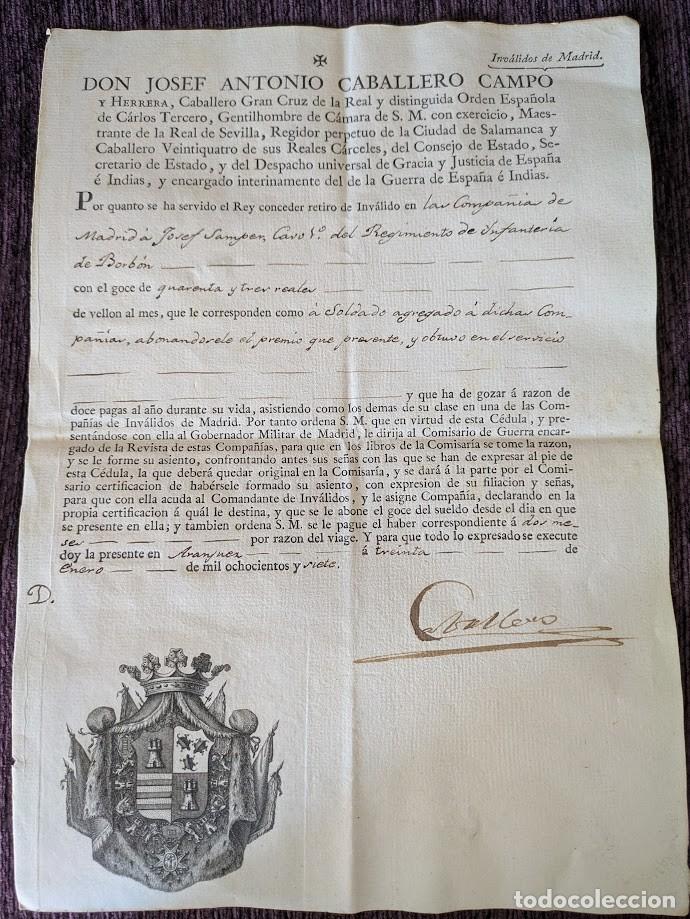 Documentos antiguos: Licencia de Invalidez Madrid a Josef Samper, Firma Caballero. 1807