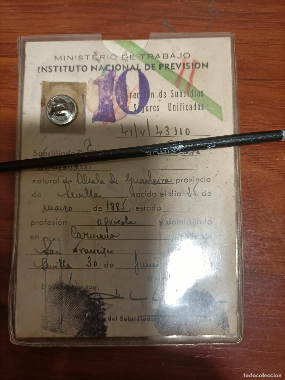 Documentos antiguos: CARNET MINISTERIO DE TRABAJO INSTITUTO NACIONAL DE PREVISION SECCION DE SUBSIDIOS 1951