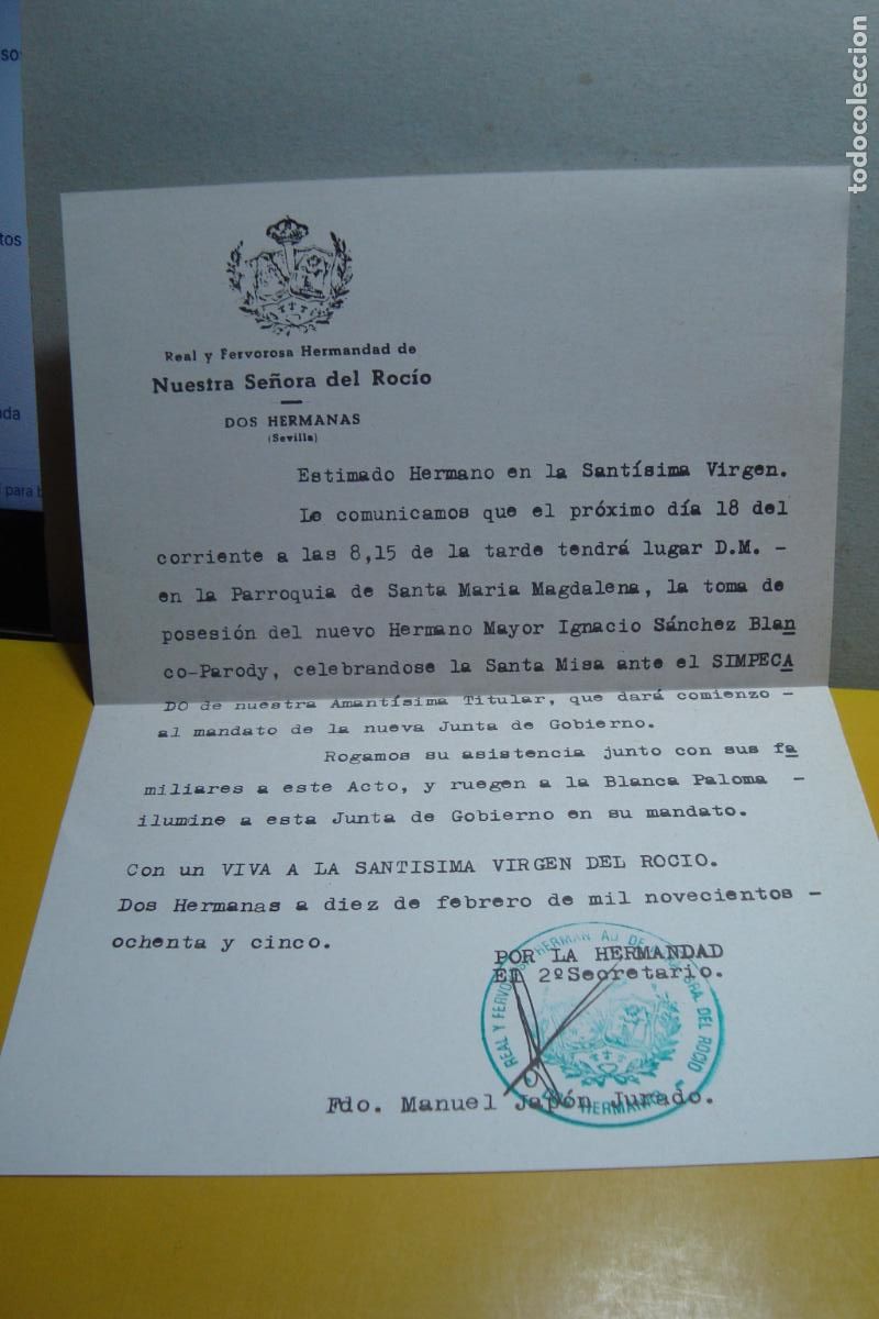 Documentos antiguos: ANTIGUA CARTA HERMANDAD N. SE&Ntilde;ORA DEL ROCIO DOS HERMANAS SEVILLA 1985. SANCHEZ BLANCO PARODY
