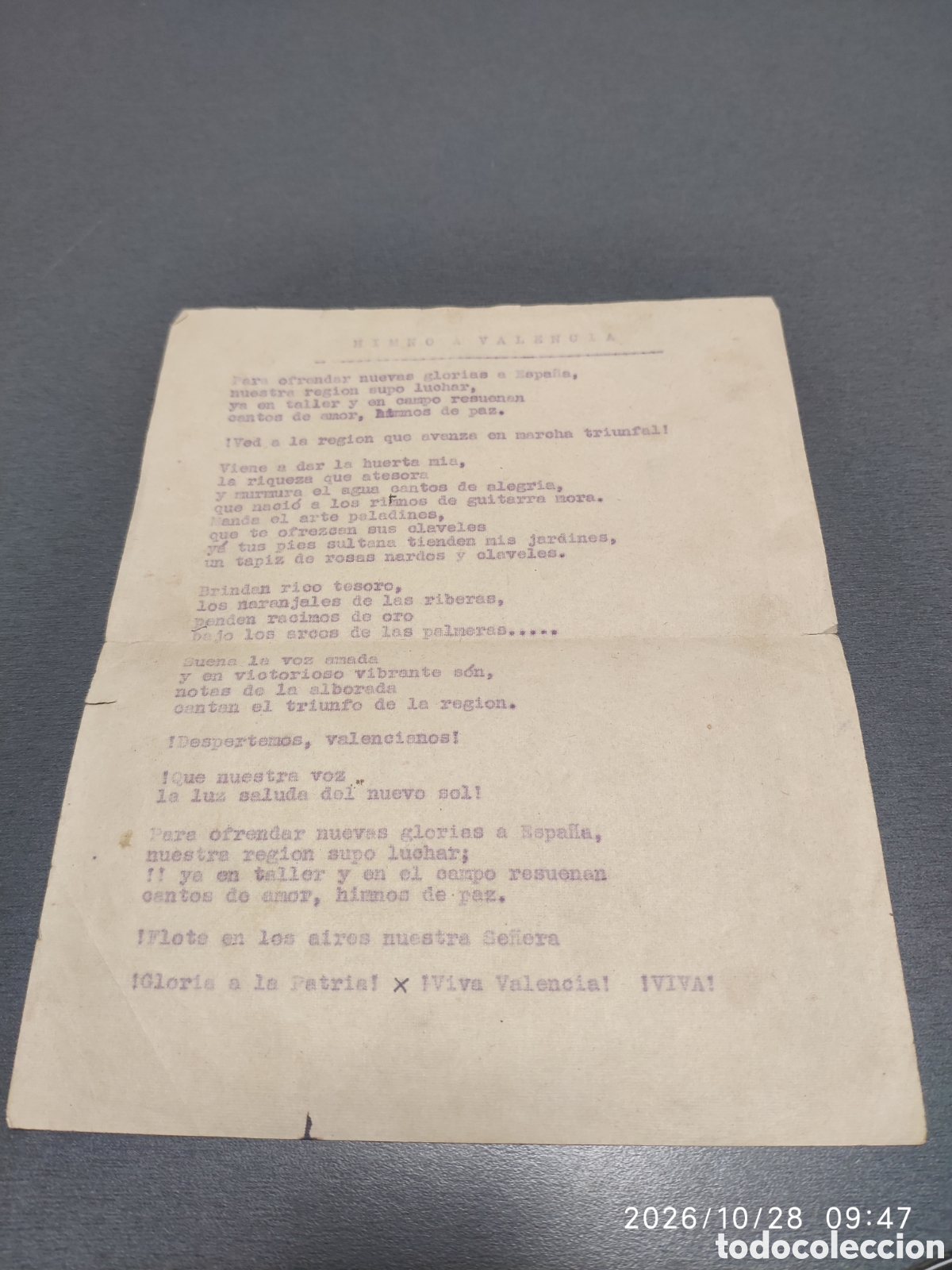 Documentos antiguos: Antiguo documeto panfleto himno a valencia - Foto 1