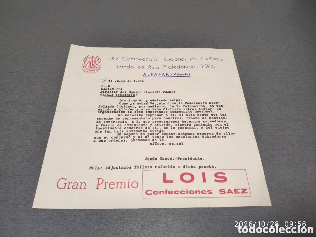 Documentos antiguos: carta oficial fechada el 15 de julio de 1966 en Alfafar (Valencia), emitida por la Federaci&oacute;n Espa&ntilde;o