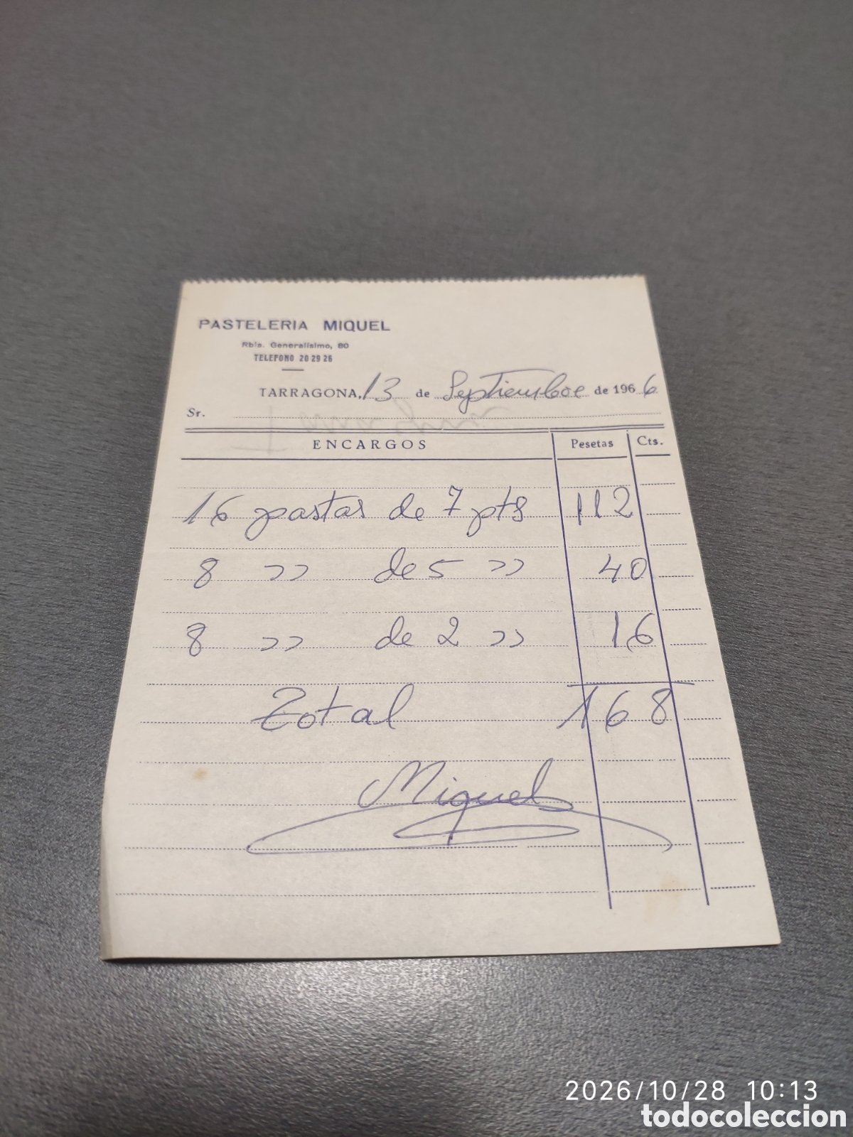 Documentos antiguos: Antigua factura tiquete pasteler&iacute;a Miquel Tarragona 1966