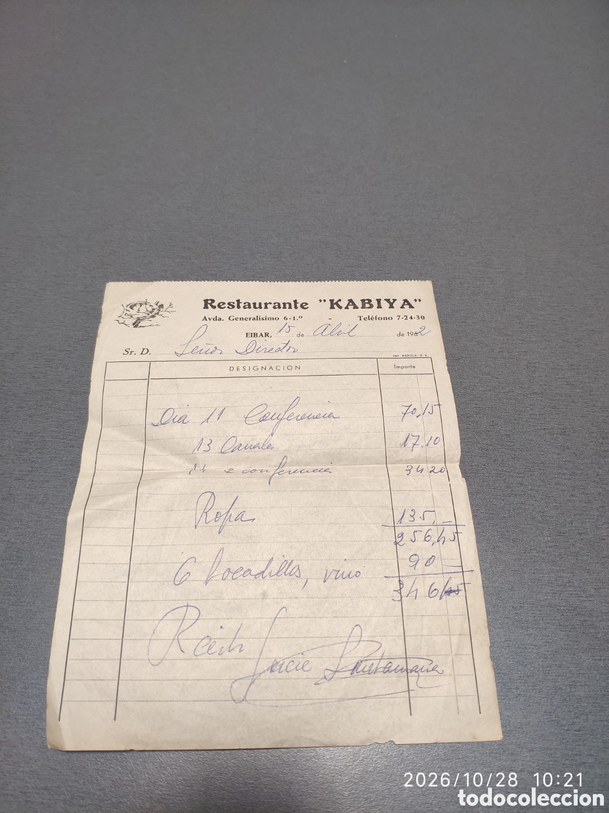 Documentos antiguos: Antigua factura restaurante Kabiya Eibar 1962