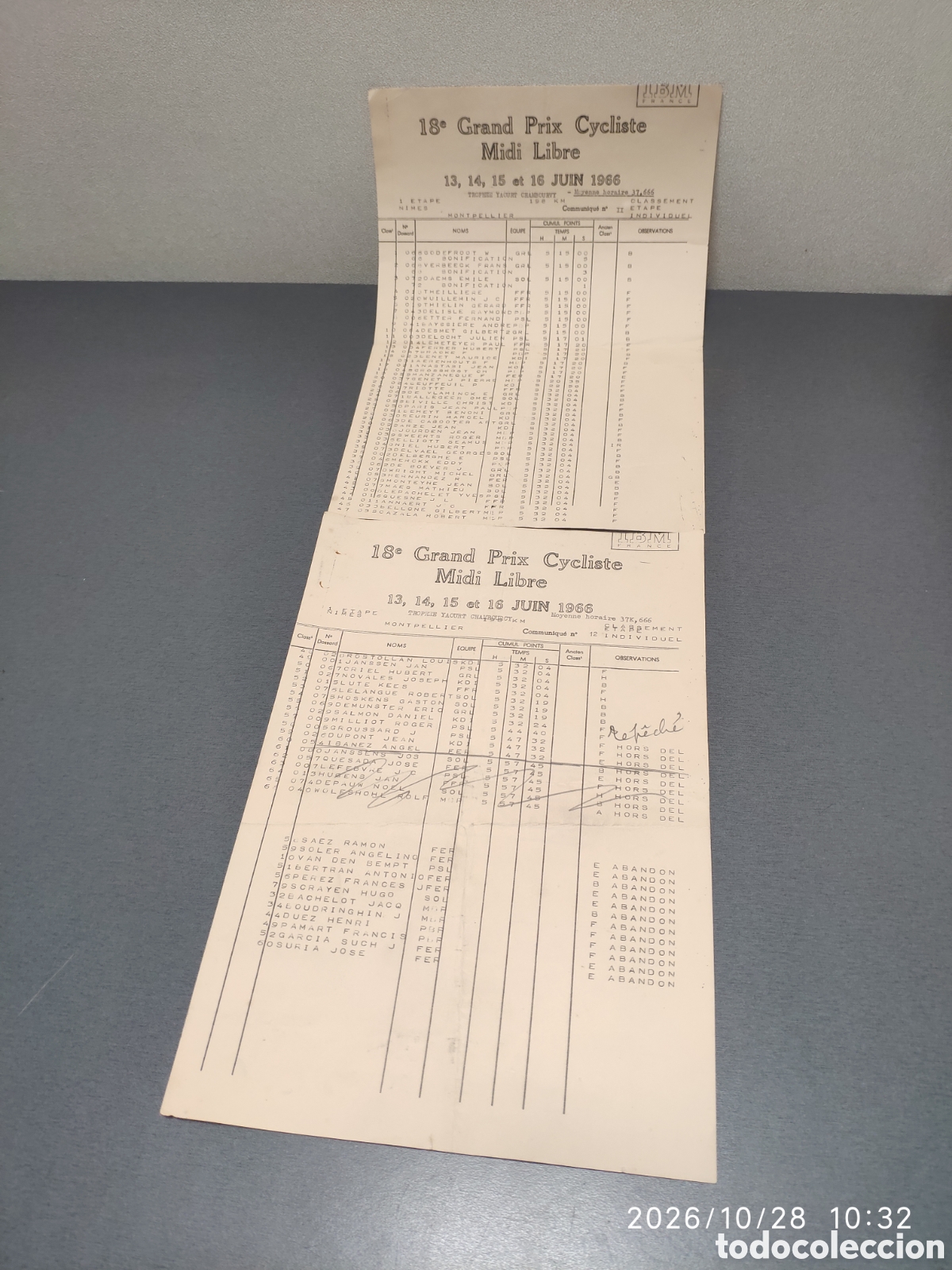 Documentos antiguos: 1966 bolet&iacute;n o clasificaci&oacute;n oficial del 18.&ordm; Gran Prix Cycliste Midi Libre