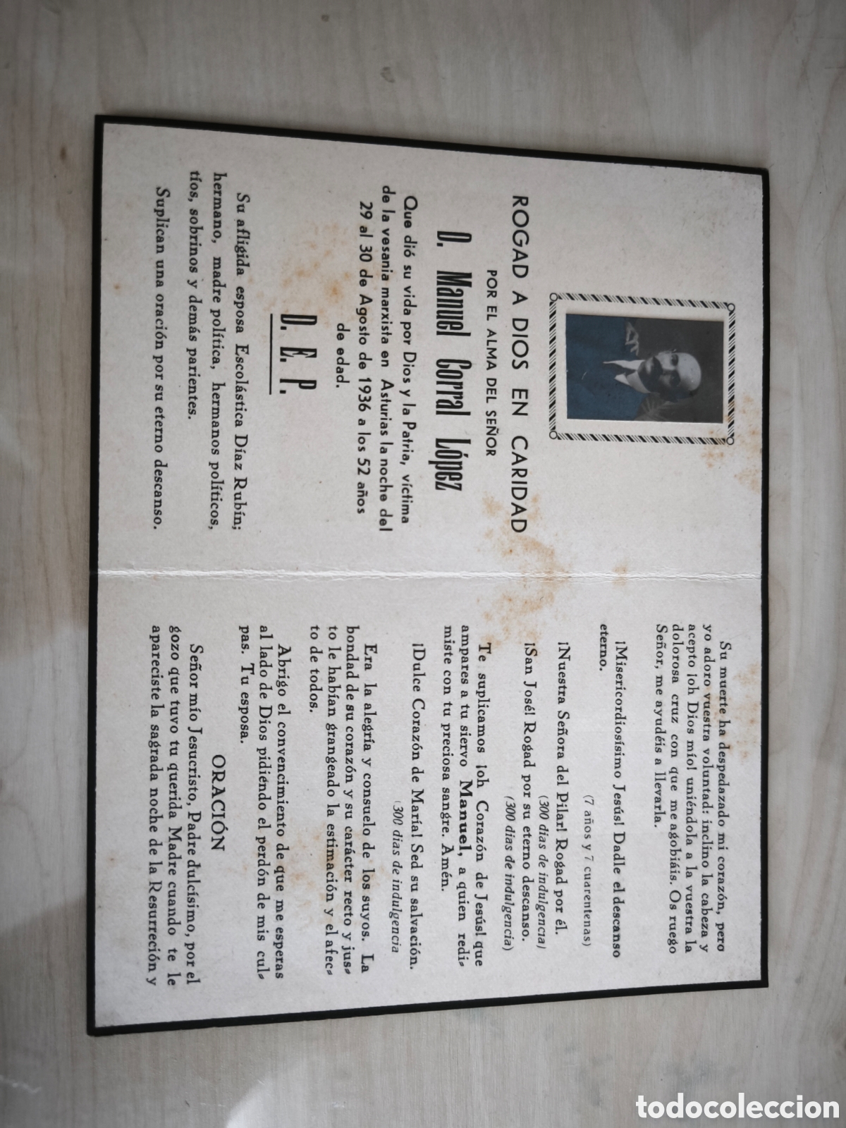 Documentos antiguos: Recordatorio Manuel Corral asesinado en Asturias el 29 Agosto 1936. Guerra Civil