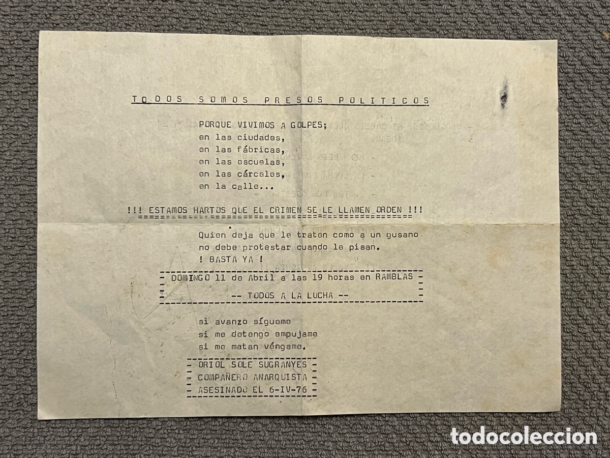 Documentos antiguos: BARCELONA. Panfleto pol&iacute;tico.. ORIOL SOLE SUGRANYES COMPA&Ntilde;ERO ANARQUISTA ASESINADO EL 6-IV-76