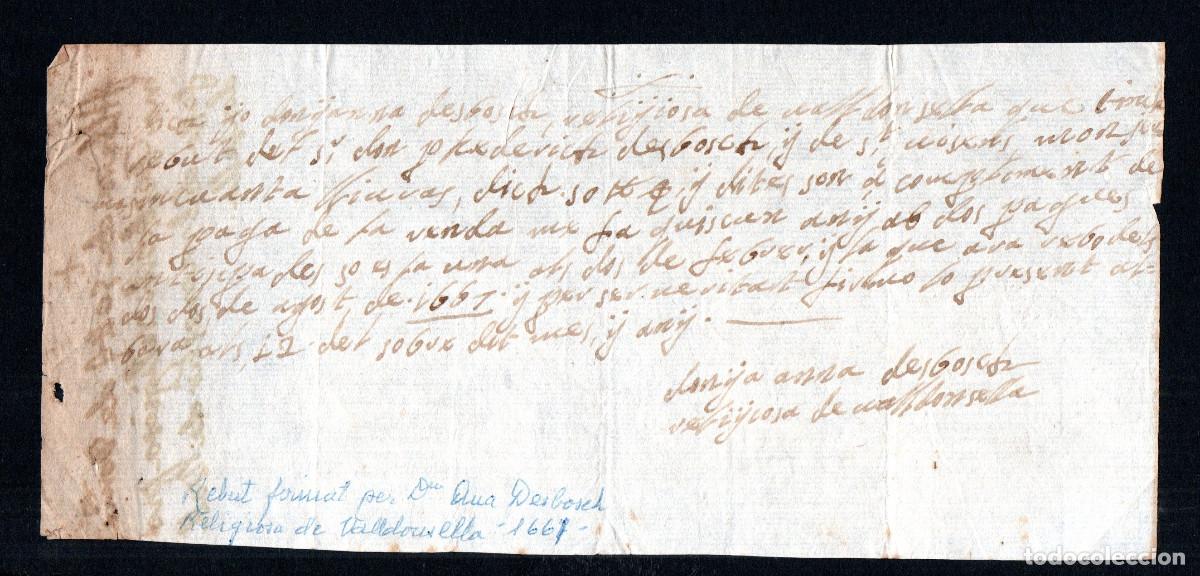 Documentos antiguos: 1667. Recibo en catal&aacute;n firmado por Ana Desbosch, religiosa de Valldoncella.