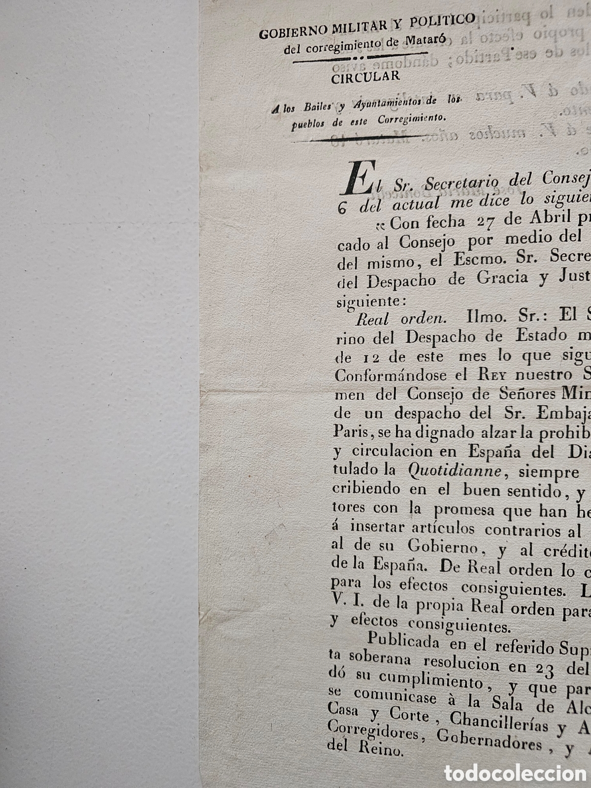 Documentos antiguos: Circular Matar&oacute; 1830. Libertad Prensa / Diario La Quotidienne Par&iacute;s. Jose Maria Bonicelli