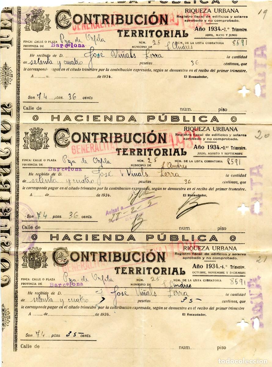 Documentos antiguos: 3 recibos Contribuci&oacute;n Territorial Urbana Barcelona, 1934. 2&ordm;, 3&ordm; y 4&ordm; trimestre