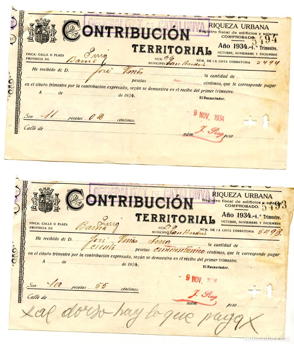 Documentos antiguos: 3 recibos Contribuci&oacute;n Territorial Riqueza Urbana Barcelona, 1934. 4&ordm; trimestre.