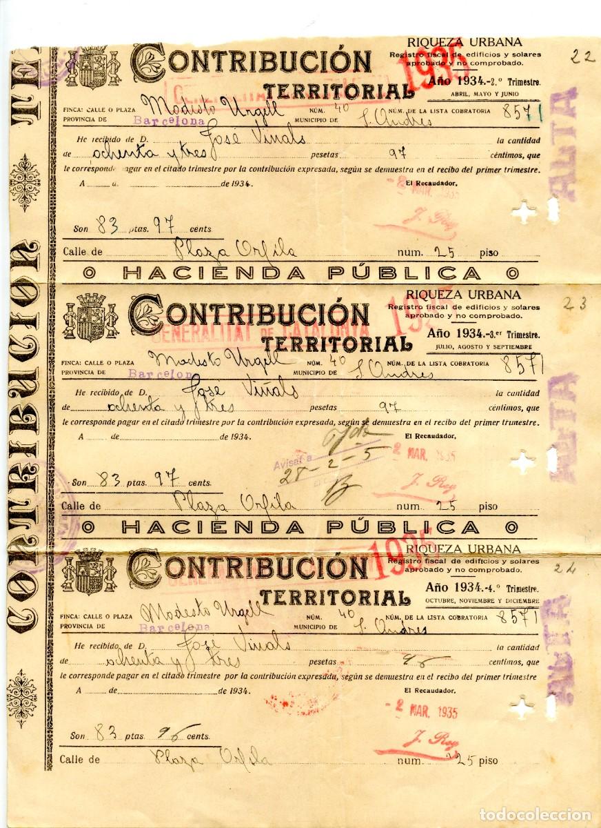 Documentos antiguos: 3 recibos Contribuci&oacute;n Territorial Riqueza Urbana Barcelona, 1934. 2&ordm;, 3&ordm; y 4&ordm; trimestre.