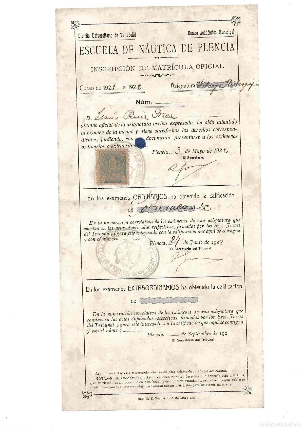 Documentos antiguos: INSCRIPCION MATRICULA ESCUELA DE NAUTICA DE PLENCIA. BIZKAIA. A&Ntilde;O 1922