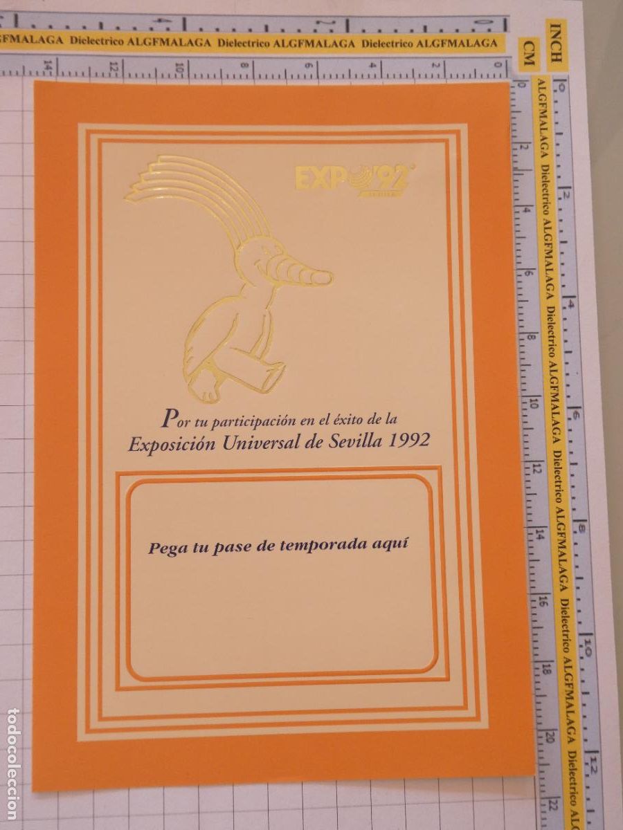 Documentos antiguos: DOCUMENTO DE LA EXPO 92 1992 SEVILLA. MARCO PARA PEGAR PASE DE TEMPORADA.