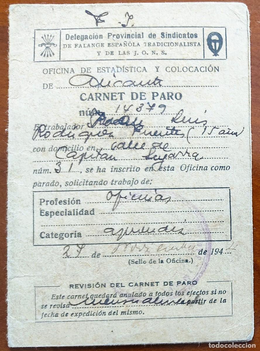 Documentos antiguos: ALICANTE A&Ntilde;O 1944 - CARNET DE PARO - DELEGACI&Oacute;N PROVINCIAL DE SINDICATOS FALANGE Y JONS