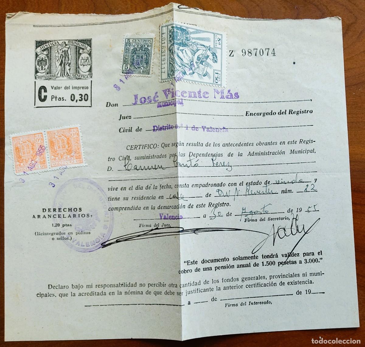 Documentos antiguos: VALENCIA A&Ntilde;O 1955 - CERTIFICADO JUEZ ENCARGADO REGISTRO CIVIL DISTRITO N&ordm; 1 ESTADO Y RESIDENCIA