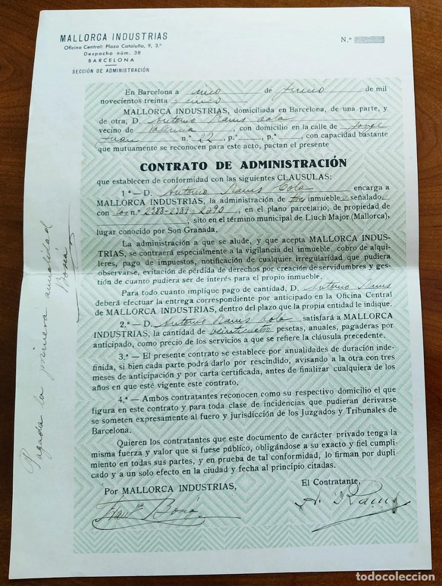 Documentos antiguos: BARCELONA A&Ntilde;O 1935 - CONTRATO ADMINISTRACI&Oacute;N MALLORCA INDUSTRIAS SOBRE TRES FINCAS EN LLUCH MAJOR