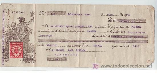 Documentos bancarios: LETRA DE CAMBIO DE CALAMONTE-A&Ntilde;O 1936-CON SELLO DE 20 C&Eacute;NTIMOS - Foto 1