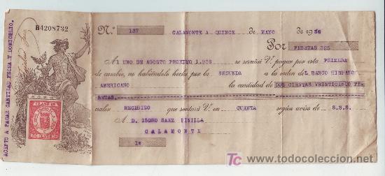 Documentos bancarios: LETRA DE CAMBIO DE CALAMONTE-A&Ntilde;O 1936-CON SELLO DE 60 C&Eacute;NTIMOS - Foto 1