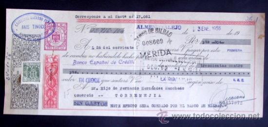 Documentos bancarios: LETRA DE CAMBIO ANIS TINOCO DE ALMENDRALEJO. 1956. ENVIO GRATIS&iexcl;&iexcl;&iexcl; - Foto 1