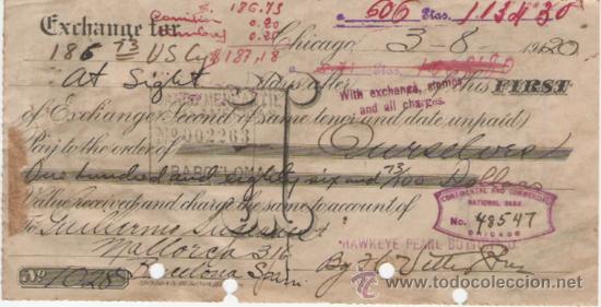 Documentos bancarios: BONITO CHEQUE DE CHICAGO DE 1920 PARA MALLORCA , BARCELONA - Foto 1