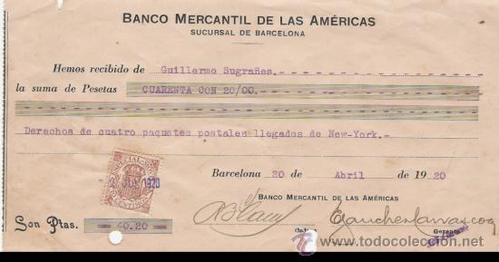 Documentos bancarios: CHEQUE DEL BANCO MERCANTIL DE LAS AMERICAS EN BARCELONA  DE 1920 - Foto 1
