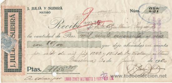 Documentos bancarios: RECIBO DE MATARO  DE 1920 - Foto 1