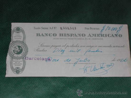 Documentos bancarios: Cheque Banco Hispano Americano 1966 - Foto 1
