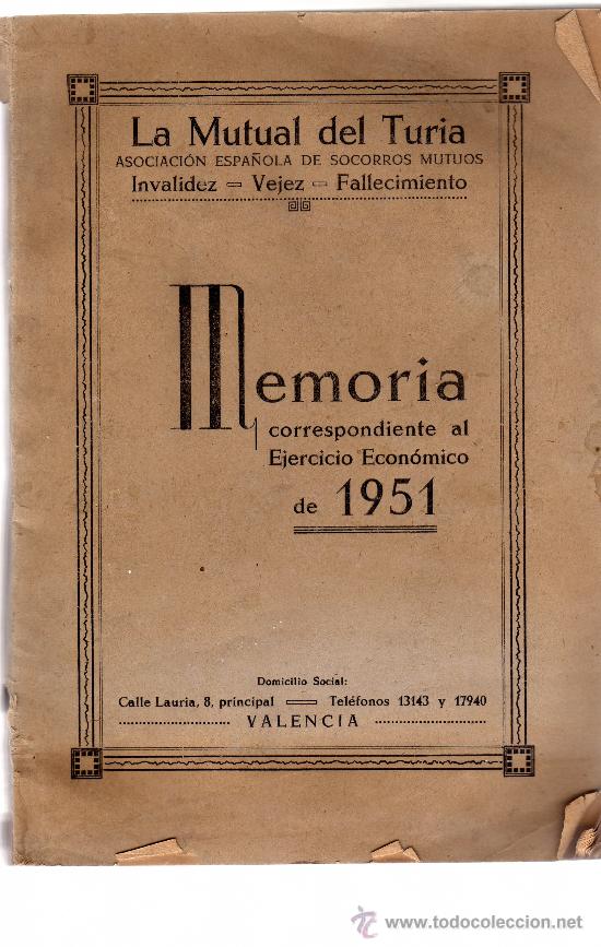 Documentos bancarios: LA MUTUAL DEL TURIA, MEMORIA DE 1951 - Foto 1