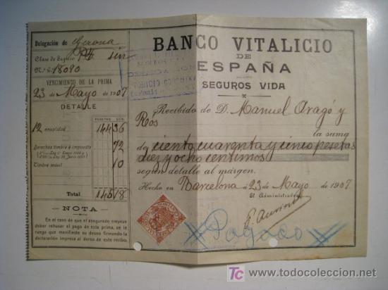 Documentos bancarios: RECIBO BANCO VITALICIO ESPA&Ntilde;A - A&Ntilde;O 1907 - Foto 1