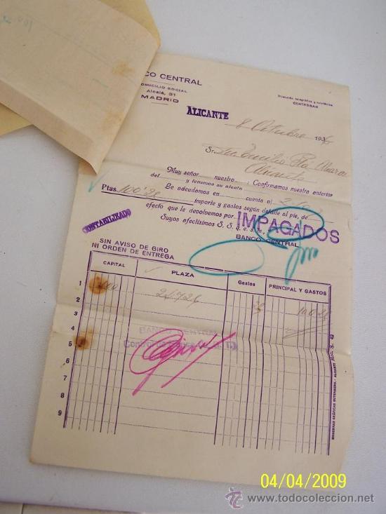 Documentos bancarios: DOCUMENTO DEL BANCO CENTRAL- 08/10/1936-ALICANTE - Foto 1