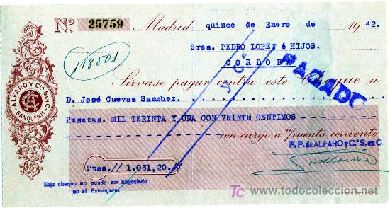 Documentos bancarios: CHEQUE BANCO ALFARO Y CIA. S. en C. BANQUEROS - MADRID - Foto 1