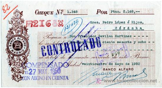 Documentos bancarios: CHEQUE BANCO ALFARO - MADRID - Foto 1