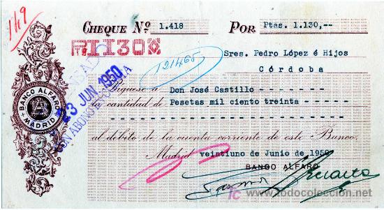 Documentos bancarios: CHEQUE BANCO ALFARO - MADRID - Foto 1
