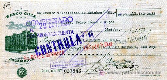 Documentos bancarios: CHEQUE BANCO COCA - SALAMANCA - Foto 1
