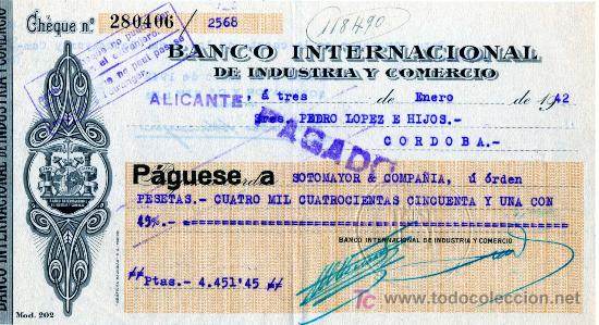 Documentos bancarios: CHEQUE BANCO INTERNACIONAL DE INDUSTRIA Y COMERCIO - ALICANTE - Foto 1