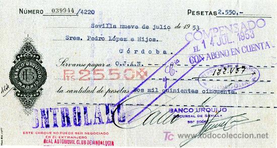 Documentos bancarios: CHEQUE BANCO URQUIJO.  MADRID - SEVILLA - Foto 1