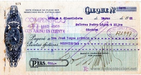 Documentos bancarios: CHEQUE BANCO ZARAGOZANO - MALAGA - Foto 1