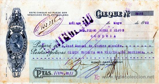 Documentos bancarios: CHEQUE BANCO ZARAGOZANO - MALAGA - Foto 1