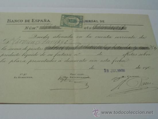 Documentos bancarios: recibo de abono Banco Espa&ntilde;a 1908 timbre movil. - Foto 1