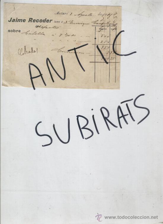 Documentos bancarios: RECIBO. JAIME RECODER. MATARO. A&Ntilde;O 1911. - Foto 1