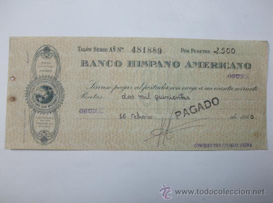 Documentos bancarios: CHEQUE DEL BANCO HISPANO AMERICANO 1940 - Foto 1