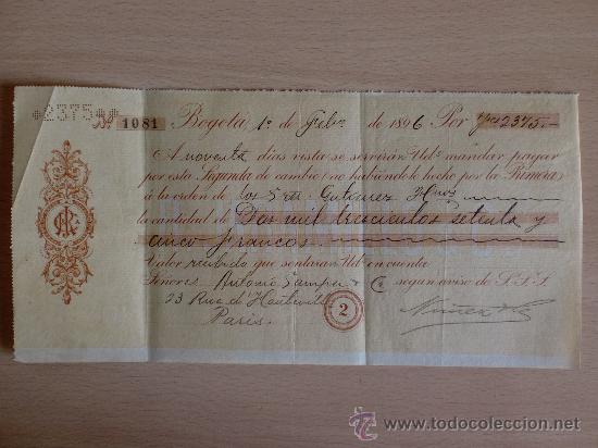 Documentos bancarios: LETRA DE CAMBIO. BOGOTA 1896. ANTONIO SANCHEZ. - Foto 1