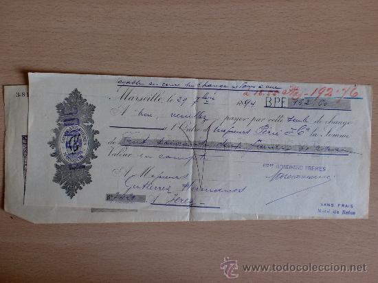 Documentos bancarios: LETRA DE CAMBIO. MARSEILLE 1894. GONDRAND FRERES. - Foto 1