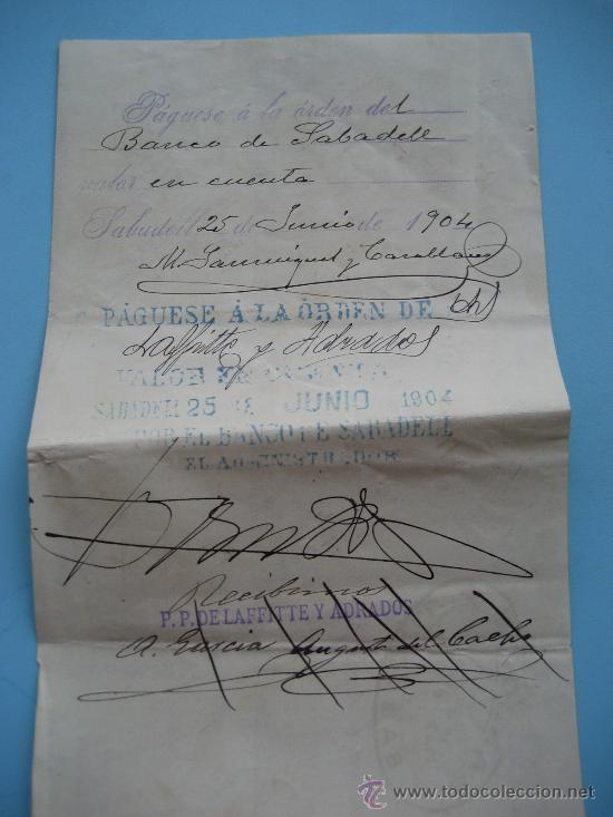 Documentos bancarios: Letra de Cambio. 1904. Banco de Sabadell. - Foto 4