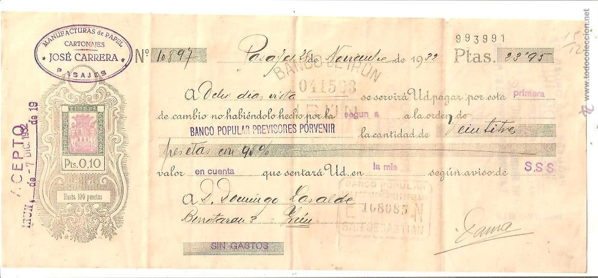 Documentos bancarios: Ir&uacute;n letra de cambio librada en Pasajes, Jos&eacute; Carrera. P&aacute;guese a la orden del Banco de Ir&uacute;n. Timbre