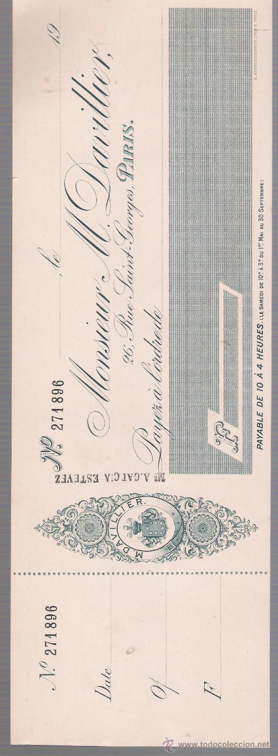 Documentos bancarios: Cheque Franc&eacute;s con membrete ( sin escribir) de 1900. - Foto 1