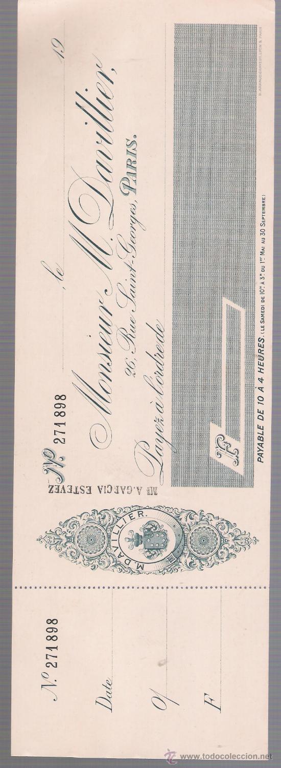 Documentos bancarios: Cheque Franc&eacute;s con membrete ( sin escribir) de 1900. - Foto 1