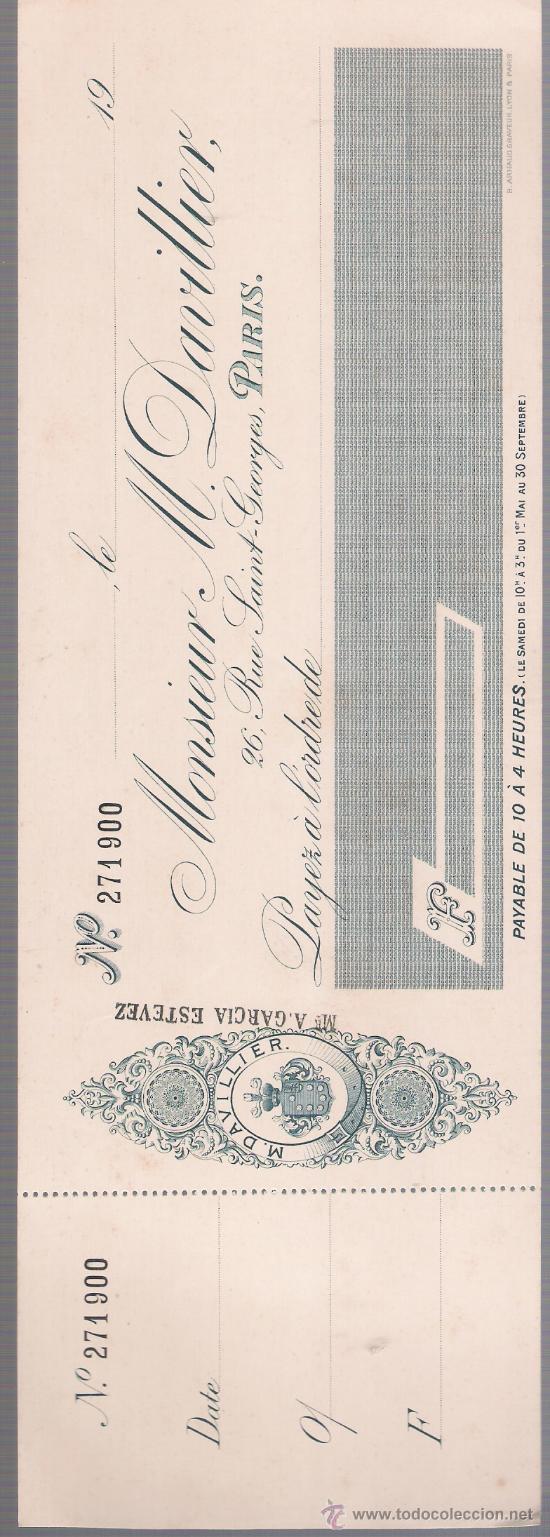 Documentos bancarios: Cheque Franc&eacute;s con membrete ( sin escribir) de 1900. - Foto 1